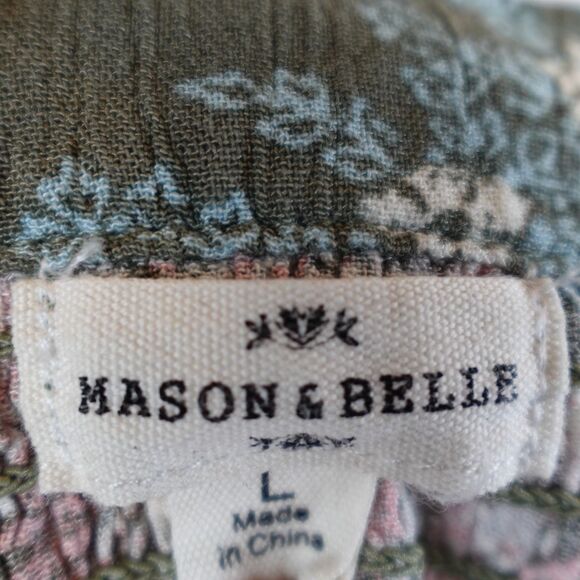 Mason & Belle Blouse Women's Large Green Pink Floral Tasseled Boho Peasant Hippy - Picture 3 of 9